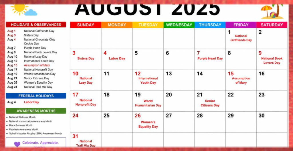 August 2025 Calendar With Holidays and Observances