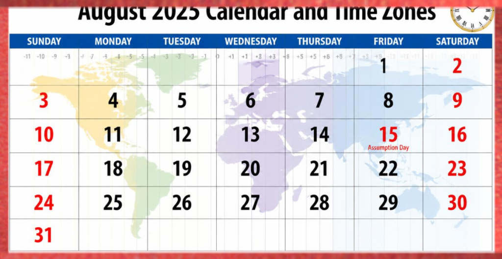 August 2025 Calendar and Time Zones