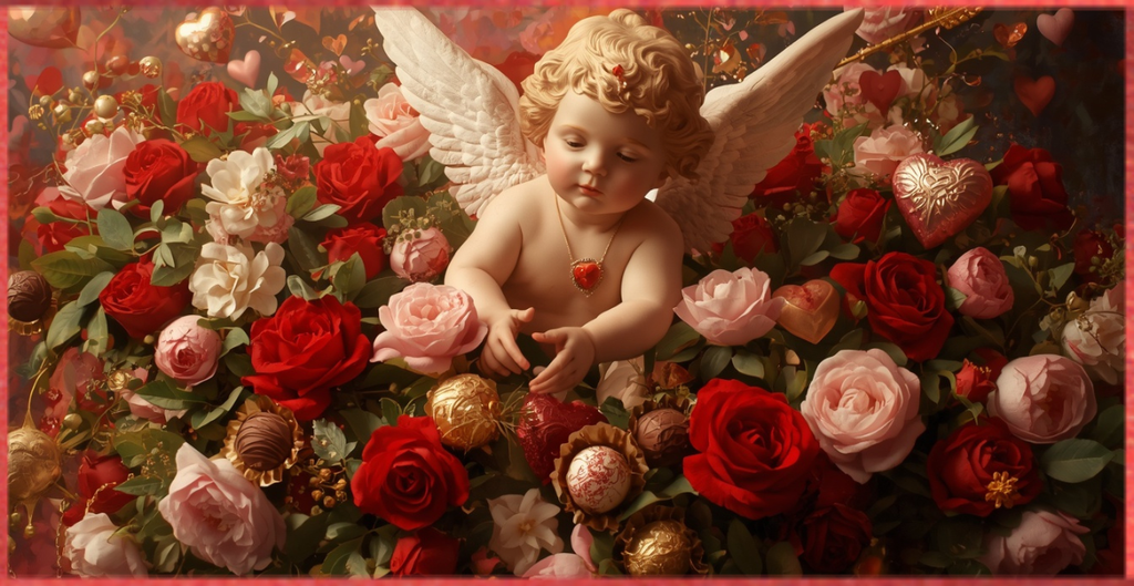Cupid, flowers, chocolates, symbols of love